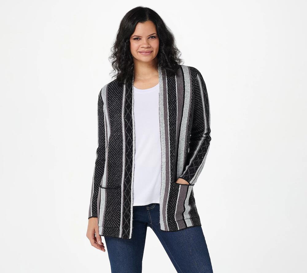 Denim&Co Striped Jacquard Open Front Cardigan Black Size XS New